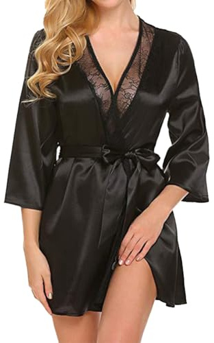 Conjunto de bata y babydoll de encaje – Kimono de encaje transparente elástico con ribete, ropa de noche sexy para dama de honor para mujer, conjunto de lencería de satén para novia/luna de miel