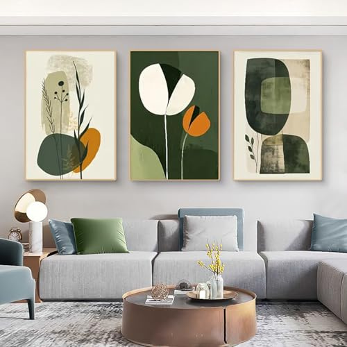Ueiwffzo 3er Stilvolle Poster Set Grün Wandbilder Wohnzimmer Abstrakt Poster Vintage Wandbild Modern Bilder Set Wanddeko Wohnzimmer Decor, Ohne Rahmen (40x50cm)