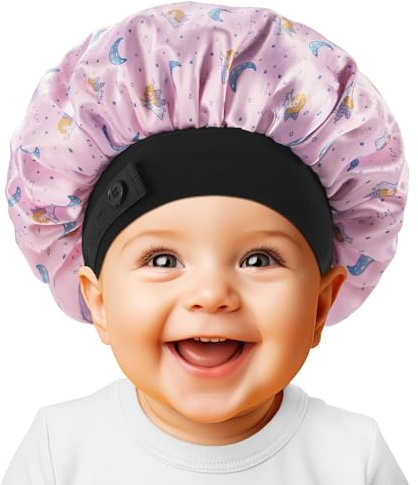 WINSTECK Gorro de bebé, gorro de satén de seda suave para niñas y niños, doble capa y banda elástica ancha, gorro de noche ajustable para niños pequeños, cabello natural rizado (ángel rosa)