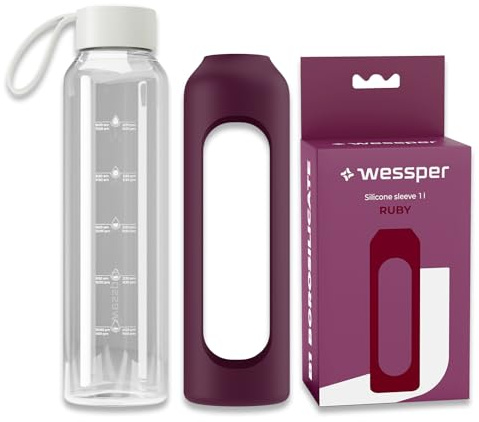 Wessper glasflaska med silikonhölje, borosilikatglasflaska med tidsangivelse 1 liter, sportflaska Perfekt för träning, skola, sport, barn, BPA-fri drickmotivation– Rubinröd