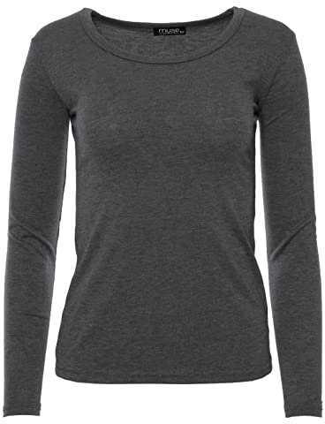 Easy Young Fashion - Damen Basic Rundhals Shirt - Langarm Unterziehshirt - Skinny Fit 1093 - Dunkelgrau meliert L