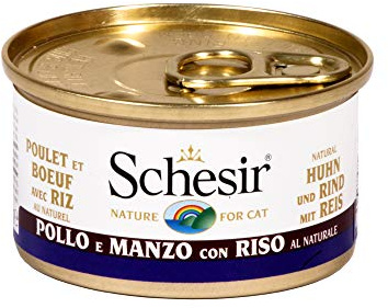 Schesir Cat Natural kycklingfilé med nötfilé och ris, kattmat våt i sin egen juice, 24 burkar x 85 g