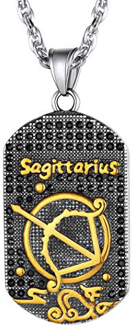 Sagittaire Bijoux en Acier Inoxydable-Pendentif Plaque Signe Astrologique Plaqué Or Bling Bling-Colliers 12 Constellations avec Chaîne Maille Singapour Réglable 55 à 60cm,Cadeau pour Hommes,Garçons