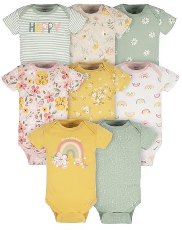 Gerber Baby Girls 8-pack Short Sleeve Onesies Bodysuits Shirt, Golden Floral, 3-6 Months US
