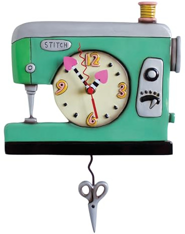 Enesco Allen Designs Stitch Vintage Sewing Machine Sculpted Pendulum Wall Clock, 8.5 Inch, Multicolor