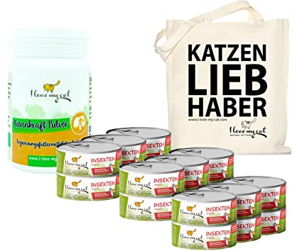 I Love My cat Sparset zur Unterstützung der Nierenfunktion – 18 × Nassfutter mit Insekten 100 g + Nierenkraft Pulver 35 g + Jutebeutel – Getreidefrei & natürlich