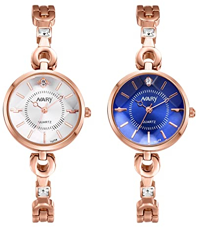 JewelryWe 2pcs Uhren Damen Analog Quarz 30m wasserdichte Armbanduhr Elegant Einfach Strass Metallarmband Beiläufige Uhr Spangenuhr mit rundem Zifferblatt und Uhrenwerkzeug Rosegold Blau/Weiß