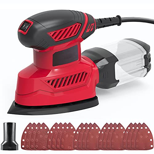 Ponceuse 130W 14000RPM Ponceuse Delta Avec 20 Papiers Abrasifs, 1 Boîte à Poussière, 1 Raccord Sous Vide, Pour Polir les Murs, le Bois, la Peinture, les Meubles, le Métal, le Ciment