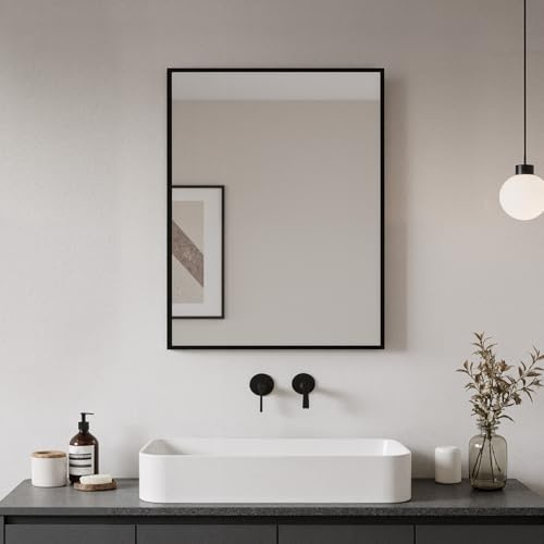 Heilmetz Rectangular Wall Mirror 50 x 70 cm, Black Bathroom Mirror | Aluminium Alloy Frame, HD Glass, Vertical or Horizontal Wall Mounted for Living Room, Bedroom, Home Decor & Hallway