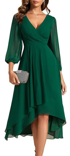 Ever-Pretty Abito da Donna per Invitati al Matrimonio Vita Impero Linea ad A Scollo a V Maniche Lunghe Verde Scuro 50