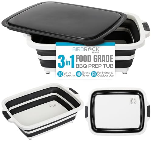 BIRDROCK HOME Collapsible Large BBQ Prep Tub w/Cutting Board, Multi-Function Grill Caddy w/Colander & Lid, Portable Silicone Dish Bowl for Picnic, Tailgate, Camping - Black