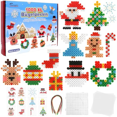 Homgaty Große 10mm Bügelperlen Weihnachten Set, 1000 Stück XL Steckperlen mit Platten, 12 Muster und Bügelpapier, 9 Bunte Farben XL Bügelperlen, Kreatives Perlenset für Kinder ab 3 Jahren
