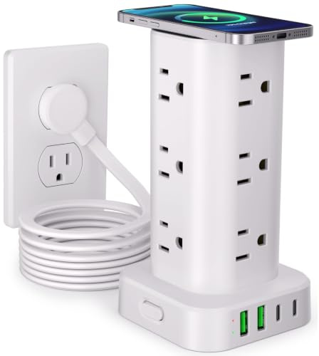 Power Strip Tower with Wireless Charger, Surge Protector with 12 Outlets