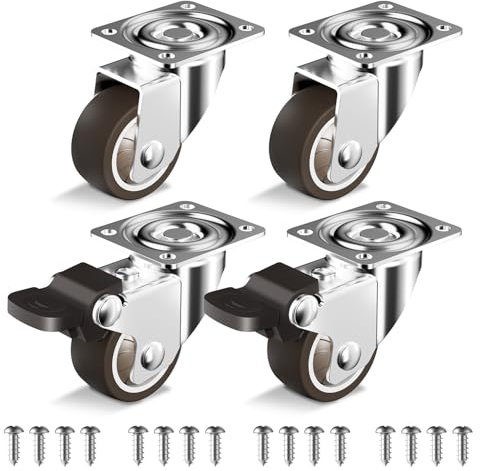 38mm Möbelrollen klein 4er Set Lenkrollen mit Bremsen Rollen für möbel klein mit 90kg Gesamtkapazität (2 Gummirollen mit Bremsen und 2 ohne)