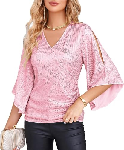 GRACE KARIN Women's Sequin Tops 3/4 Sleeve Glitter Sparkly Blouse for Party | Wrap Blouses Evening Going Out Clubwear Sequin Shirt Plus Size Glitter Sparkly Tops for Women