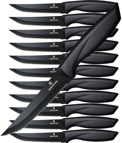 targzier Set di 12 coltelli da bistecca, coltello da cucina professionale, coltello da bistecca seghettato in acciaio inossidabile, coltello da tavola durevole, coltello da cucina noir.