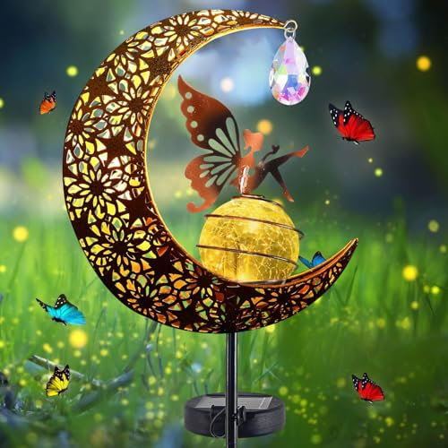 Sunshine smile Lampe solaire de jardin en forme de lune - Lampe solaire d'extérieur - Boule en verre - Décoration de jardin pour cour, pelouse, fée des fleurs - Lampe solaire avec piquet de terre
