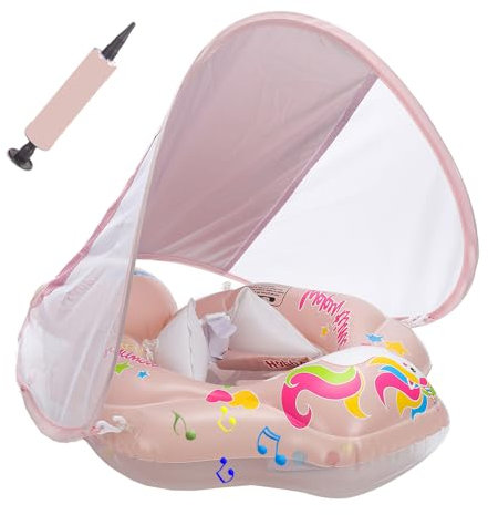 TUIBEIDAMAI Baby Schwimmring mit Sonnendach Abnehmbaren,Schwimmring mit Sonnenschutz Verstellbare Schultergurte,Aufblasbarer Schwimmreifen,Baby Float Schwimmring für ab 3-36 Monate (Rosa)