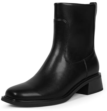 QIY Womens Ankle Boots Low Heel Black Chunky Boots for Women Square Toe Boots Flat Fall Short Ladies Dress Faux Leather Ankle Booties Size 7
