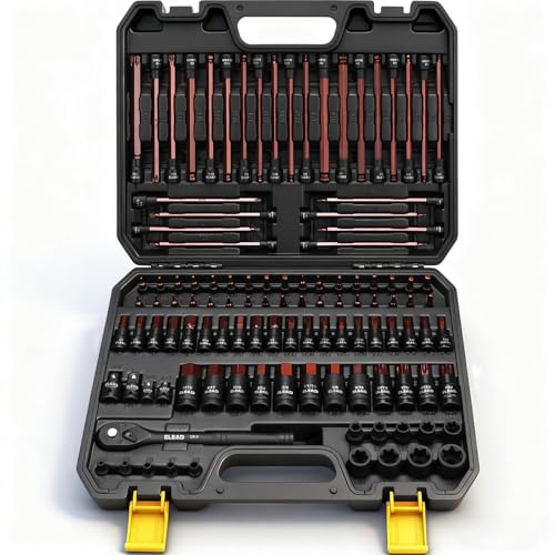 112-Piece Torx and Allen Bit Socket Set, 1/4, 3/8,1/2 Drive Bit Socket Set with Ratchet Wrench, Adapters, Extra Long & Tamper Proof torx/Hex/Ball End Hex/E-torx, SAE & Metric