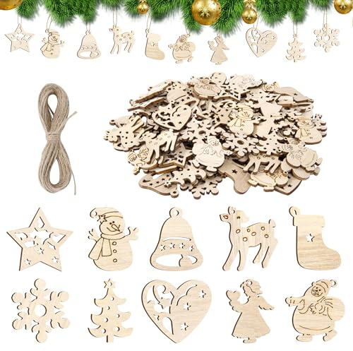 Songella Scaglie di Legno Decorative Natalizie Mini Ornamenti Natalizi in Legno con 10m Corda Pendenti per Albero Natale per Fai Da Te 100 Pezzi