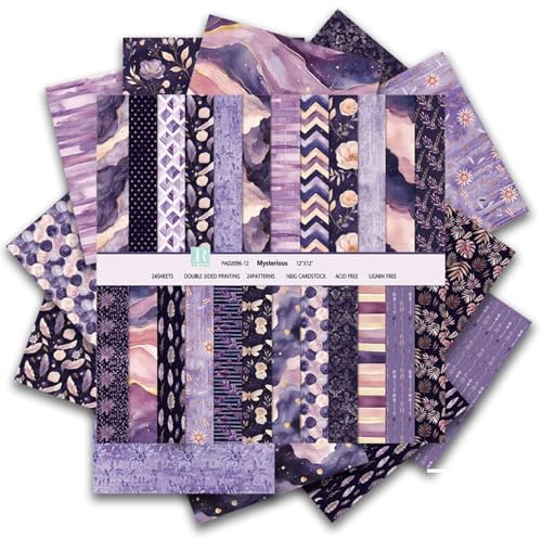 MerwDeeyt 24 Sheets Flower Pattern Scrapbook Paper 12x12 Inch Double-Sided Decoupage Papers Patterned Decorative Paper Scrapbooking Papers for DIY Card Making Wrap Decoration-Purple