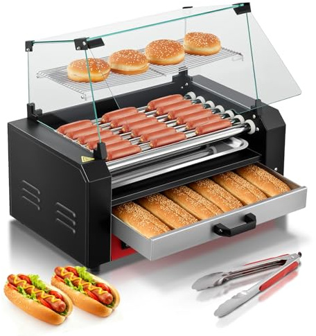FOHERE Hot Dog Roller with Bun Warmer, 7 Rollers 18-24 Hot Dogs Capacity, 1250W Stainless Steel Hot Dog Machine with Dust Cover, 3 Temp Control, Removable Oil Drip Tray, for Home & Commercial