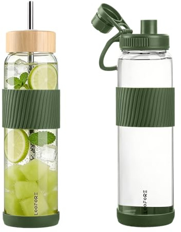 LOOFORE 1L 1000ml Glass Water Bottle with 2 Lids - Flip and Bamboo Straw Lids - Sports Water Tumbler with Handle and Silicone Sleeve Leak-proof BPA Free for Gym Sports Outdoor, 1 Pack
