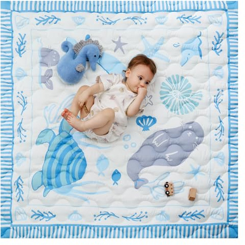 Momcozy Tappeto Gioco Bambini per Pavimento 127 x 127 cm, Tappeto per Box Spesso per Tummy Time, Impermeabile e Antiscivolo, Pieghevole da Esterno con Maniglia, Mondo Dell’Oceano
