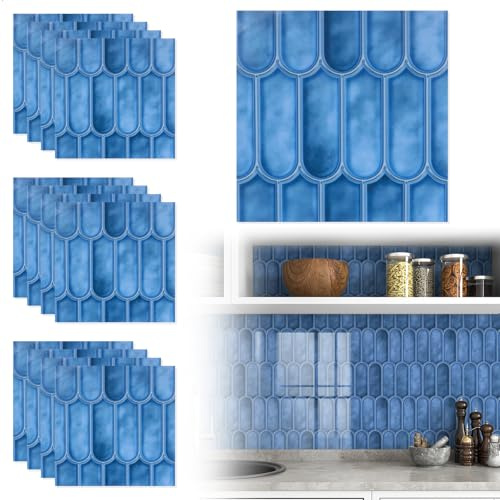 Piastrelle Adesive Bagno, Piastrelle Adesive, Paraschizzi Cucina Adesivo, Mattonelle Adesiveo, Pannelli Pvc per Pareti Bagno per Bagni, Cucine, Soggiorni, 12 Pezzi, 20 x 20cm, Blu