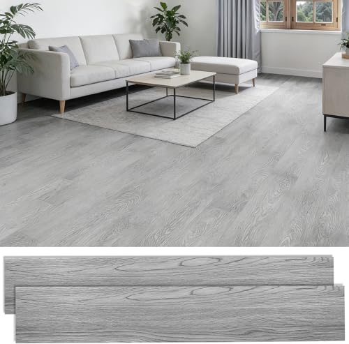 PVC Bodenbelag Selbstklebend, 36 Stück Vinylboden Selbstklebend mit Holzoptik, Wasserfest Bodenfliesen Selbstklebends für Küche Wohnzimmer Bodenbelag, 2.0mm, 5.02m², 15,24 cm x 91,44 cm (Hellgrau)