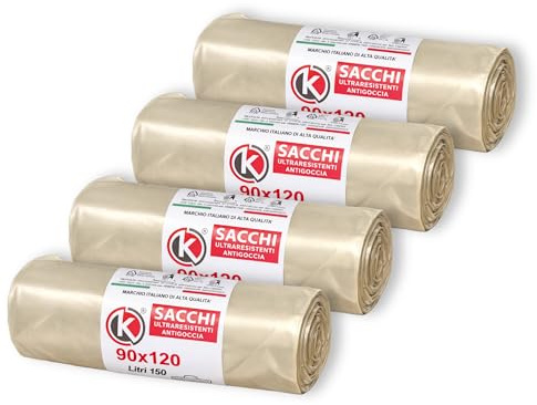 ECOSTAR 8 Rotoli Sacchi Spazzatura Ambra 90x120 cm 150 Lt Ultraresistenti Antigoccia – 8 Rotoli x 5 Sacchi (40 Sacchi Totali) LDPE Made in Italy