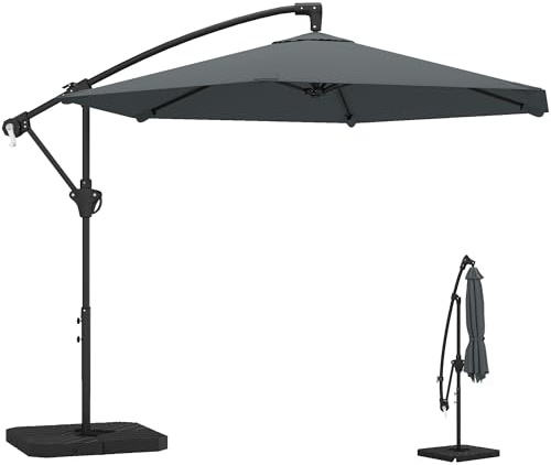 Outsunny Ombrellone da Giardino Decentrato 3x3m, Ombrellone da Esterno con Pesi Riempibili ad Acqua/Sabbia, Base a Croce, Sistema di Blocco, Manovella, per Piscina Terrazzo, UV 30+, Grigio Scuro