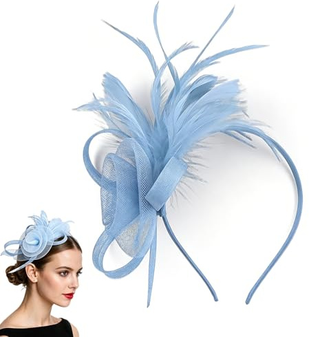 Chersun Fascinators for Women, Elegant Net Fascinator Wedding Hat Clip, Vintage Lace Feather Fascinators for Weddings, Fascinator for Wedding Cocktail Evening Garden Tea Party (Gray Blue)