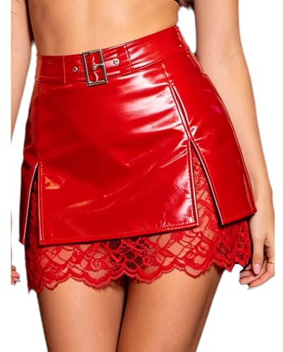 ranrann Jupe Similicuir Femme Cuir Femme Hot Grande Taille Mini Jupe Courte avec Fente Clubwear Party Clubwear Mini Crayon Halloween Party