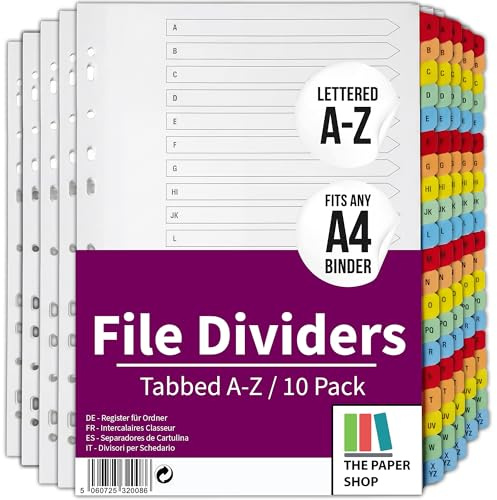 A4 File Dividers A-Z, 10 Pack | Alphabetical Subject Dividers for Ring Binders, Lever Arch Files & Folders | Strong Reinforced Coloured Tabs, 150gsm, for School, University & Office