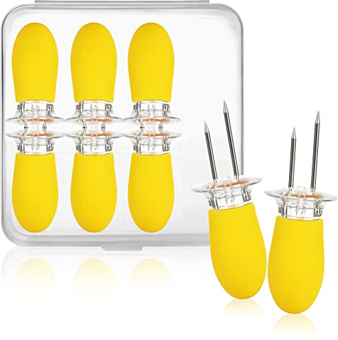 COM-FOUR® 8x fourchette à maïs avec 2 dents en acier inoxydable, antirouille - brochettes de maïs réutilisables - aide à éplucher les pommes de terre en robe (08 pièces - jaune)