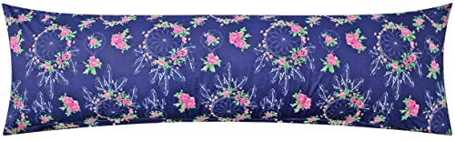 Baumwoll Renforcé Seitenschläferkissen Bezug 40x145cm - Traumfänger und Blumen in Dunkelblau - 100% Baumwolle Stillkissenbezug (RS-035/1)