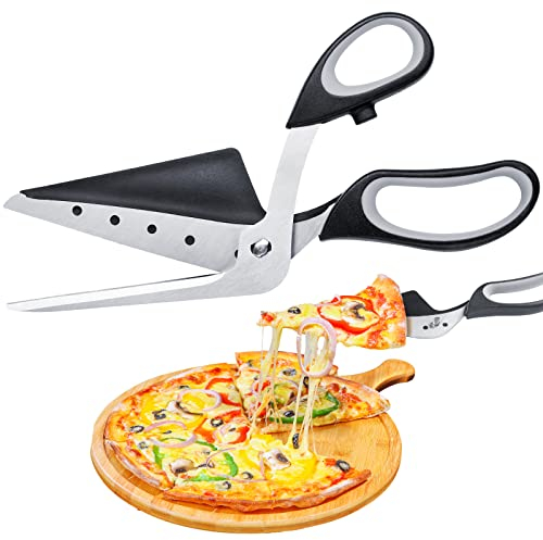 NiHome Forbici per pizza con paletta integrata, tagliapizza multifunzione 2 in 1 con lame in acciaio inox rimovibili, funzionamento con una sola mano, impugnatura morbida ergonomica, utensili da