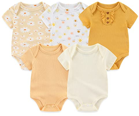 Chamie Newborn Baby bodysuit kortärmad för baby pojkar och flickor 0–12 m, 5-pack, Vit & gul babybodysuit, 9-12 Månader
