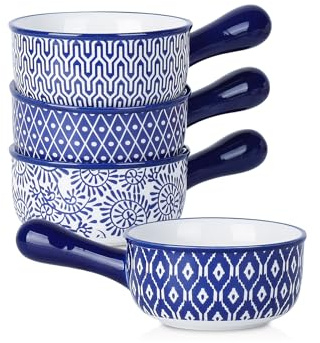 Selamica Ceramic Soup Crocks With Handles, 15 OZ French Onion Soup Bowls, Oven Safe Soup Bowls For Cereal, Stew, Chilli, Pot Pies, Baking, Microwave Dishwasher Safe, Set of 4, Vintage Blue