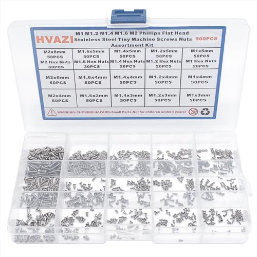 HVAZI Metric 900PCS Metric M1 M1.2 M1.4 M1.6 M2 Phillips Countersunk/Flat Head Stainless Steel Tiny Machine Screws Nuts Assortment Kit