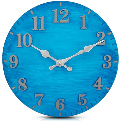 eYotto 12inch Gartenuhr Wetterfest, 30cm bemaltes Harz Outdoor wasserdichte Uhren für den Garten, stille Wanduhr Nicht tickende batteriebetriebene Außenuhr für Pool Strand Wohnzimmer dekorativ (Blau)