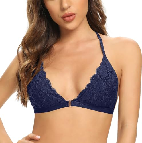 SHEKINI Womens Lace Bras Front Fastening Wireless Triangle Bralette Front Hook Closure Brassiere Removable Padded Adjustable Bra Halter Breathable Sexy Underwear Ladies Lingerie, Navy, M