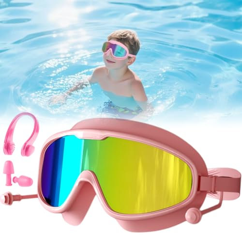 Schwimmbrille Kinder Taucherbrille 4-14 Jahre - Schwimmbrille -Kinder mit Nasenschutz Ohrstöpsel, 180° Panorama, Anti-Beschlag UV-Schutz Anti-Leck, Kinderschwimmbrille für Kinder Mädchen Jungen(Rosa)