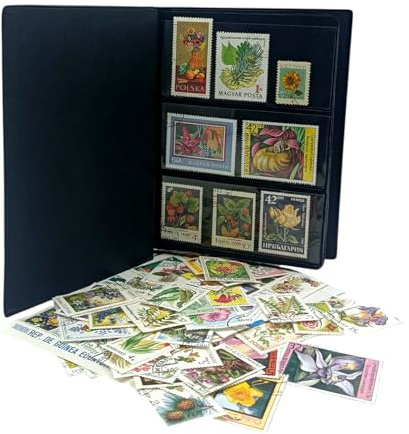 IMPACTO COLECCIONABLES – Collection des 100 timbres sur le thème des fleurs et plantes avec album inclus (14x18x1cm) | Élevez votre collection philatélique avec des timbres, dans un album élégant