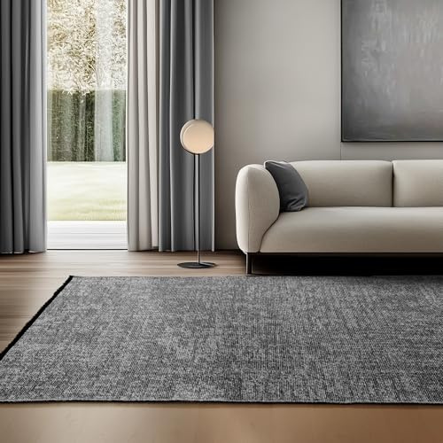 SIMPEX Chenille Teppich Baumwolle Grau 160x230 cm Boho-Stil, Vintage Kelim, Waschbar, Kurzflor, rutschfest & Weich, Einfarbig Meliert, Für Wohnzimmer, Schlafzimmer, Büro & Küche