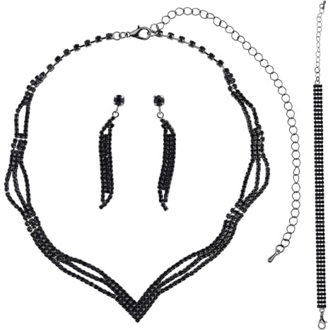 Mikovivi 3pcs Black Rhinestone Bridal Crystal Jewelry Set for Women, Sparkling Wedding Choker Necklace, Earrings & Bracelet Set, Elegant Engagement Prom for Bride Bridesmaids Fiancee Gifts