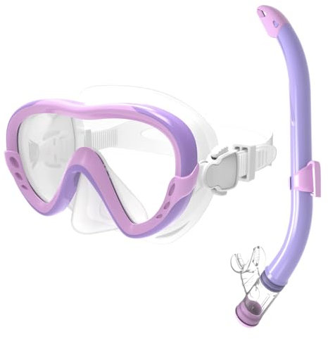 Schnorchelset Kinder - Anti-Leck Anti-Fog Tauchmaske Taucherbrille Trocken Schnorchel Silikonmaterial - Schnorcheln Set für Jungen Mädchen (Lavender Dream - Lila/Pink)