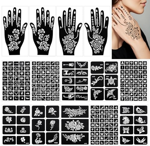 alwaiiz Lot de 245 pochoirs au henné, 14 feuilles de tatouage temporaire au henné, pochoirs à paillettes pour le visage, les mains, les pieds et le dos